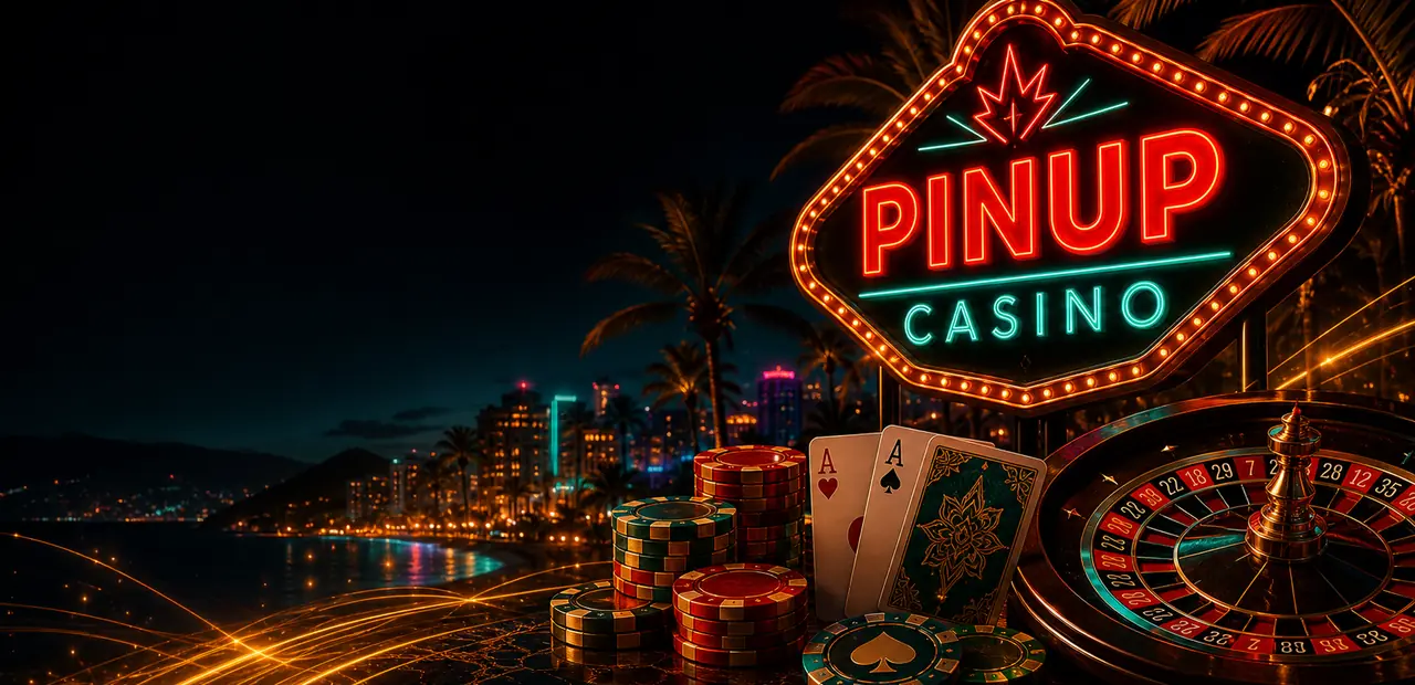 PINUP CASINO en luces neón con ruleta, cartas y fichas