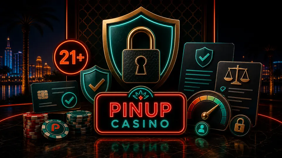 PINUP CASINO seguridad con candado, escudo, documentos y símbolo 21 plus